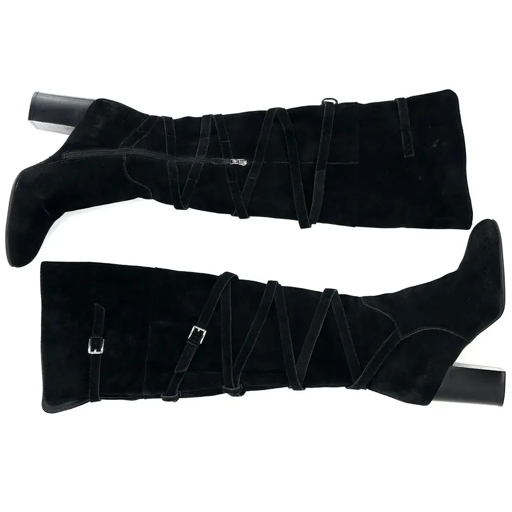 Sam Edelman Sable Black Over-The-Knee Boot Sz 9.5 Suede Heeled Adjustable Straps